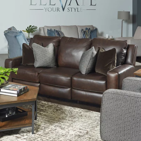 Transitional Double Reclining Power Sofa with Pillows and USB Ports
